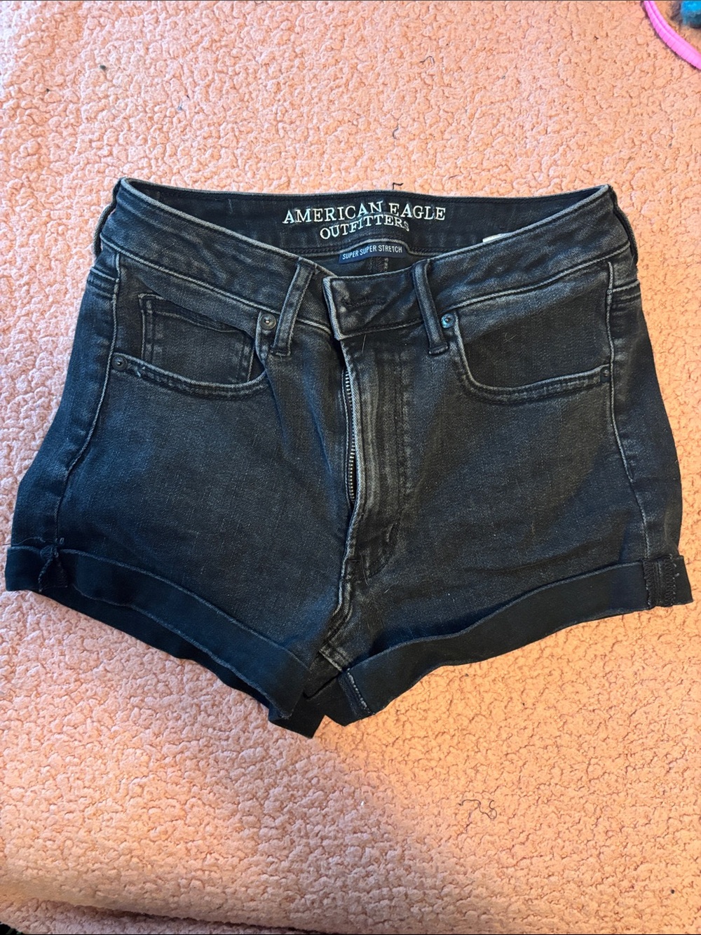 American Eagle Outfitters Black Denim Cuffed High-Rise Shorts